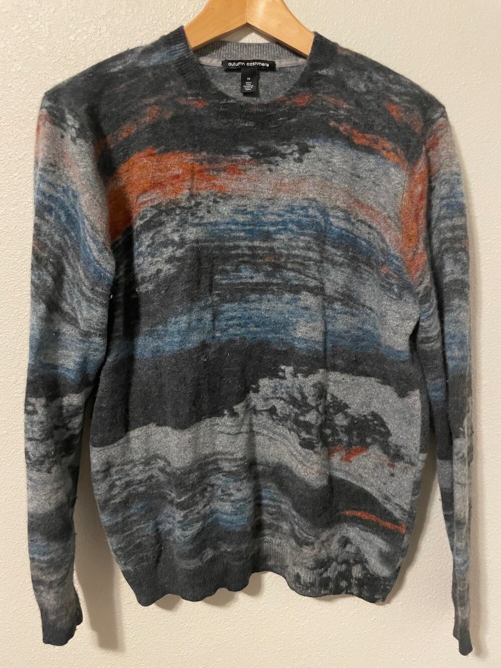 Autumn Cashmere Sweater Womens Medium Gray Blue Orange Abstract Print Soft Cozy